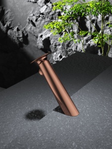 Robinet de lavabo de luxe en laiton massif, finition or rose brillant, design minimaliste avec poignée latérale en forme de tube incliné et indicateur chaud/froid - Product Image 5