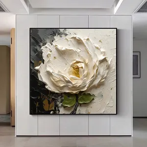 Pintura a óleo minimalista em tela de flor branca, arte abstrata feita à mão, arte floral branca, pintura personalizada para sala de estar, decoração de casa