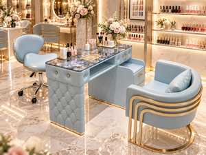 Premium "Cream-style" Manicure Table Set: Tempered Glass <b>Top</b>, Built-in Dust Collector, and Power Outlet - Product Image 1
