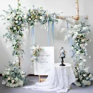 Ahşap kemer çiçek zemin dekor ile romantik mavi gül düğün yapay çiçekler