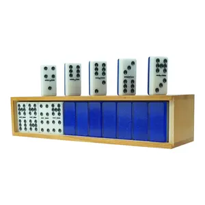 Professional customized double 9 nine acrylic domino set 55pcs blue white two-tone dominos with spinner in wooden box for games