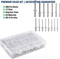 Kit d'assortiment de rivets à tête bombée en aluminium, rivets aveugles de 3/32"-1/4" pour métal, bois, PVC, automobile et bricolage, 600 pièces, 15 tailles