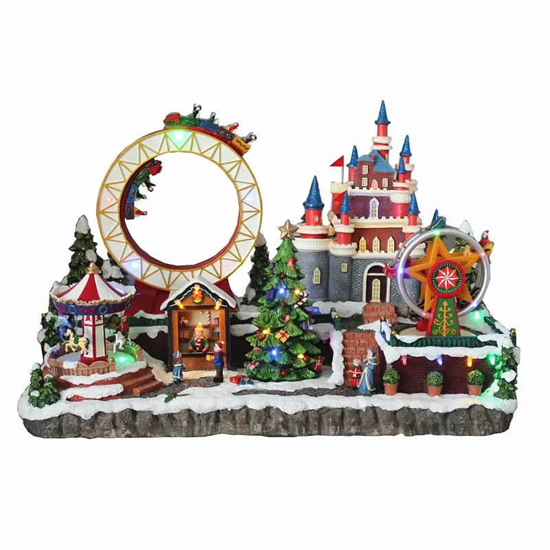 LED Castle dengan Patung Bianglala Berputar, Patung Resin dan Roller Coaster Patung 50X25X33Cm untuk Hadiah Natal