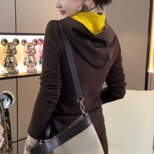 Hooded T-Shirt Color Blocking Half Zip Long Sleeve Top Women Autumn Winter Sweater Knitted Sweatshirt Brown Black - Product Image 4