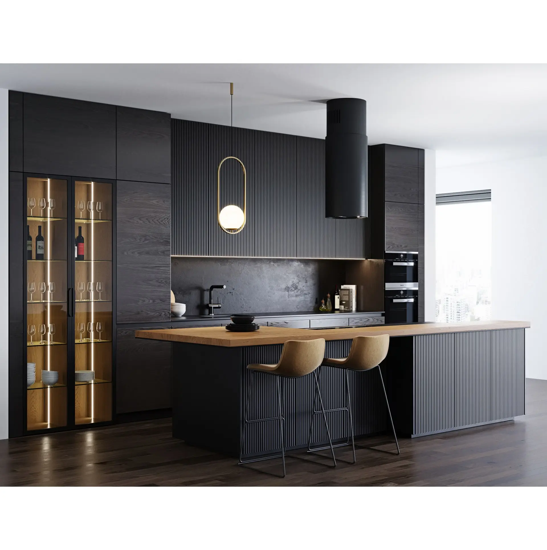Luxe Huismeubilair Modulair Walnoothout Fineer Matzwarte Kleur Glazen Deur Keukenkasten Modern Design