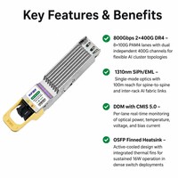 Transceptor 800GBASE-2xDR4 OSFP PAM4, Canal Dual Independiente de 400G, 1310nm, 100m, SMF, Doble MPO-12 DC, Actualización Inter-Cabinet 5G