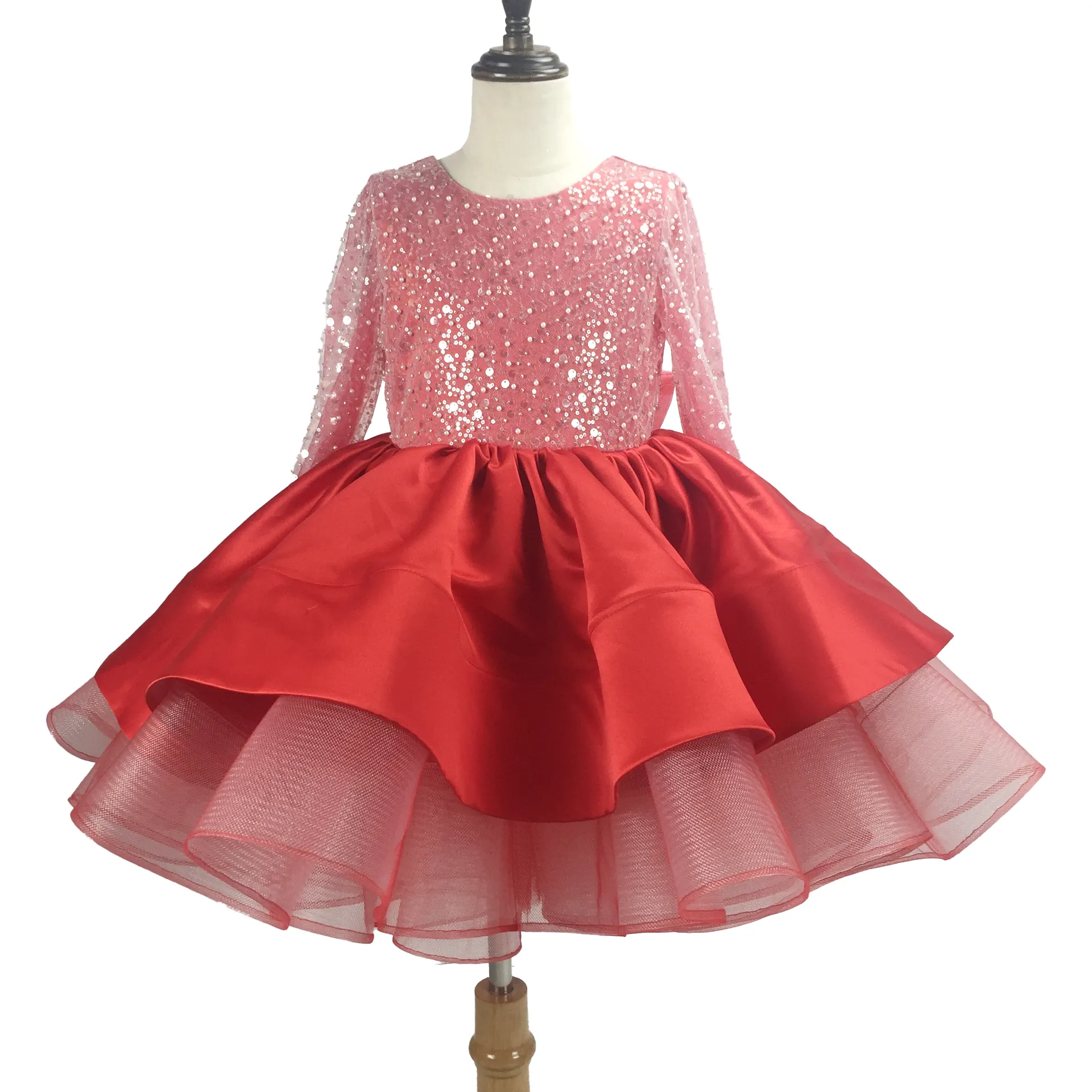 Show host latest children dress designs long sleeve lace sequins short dresses wedding princess dress for girl