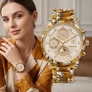 Asta Montre Quartz <span class=keywords><strong>Femme</strong></span> Acétate Chrono Rond Ambre Rayé Triple Cadran 30M Étanche Bureau Business Low MOQ - Product Image 1