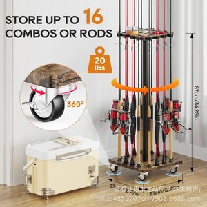 Support de canne à pêche en bois avec poulie rotative, support de rangement sur pied pour garage, bateau, usage extérieur - Product Image 3