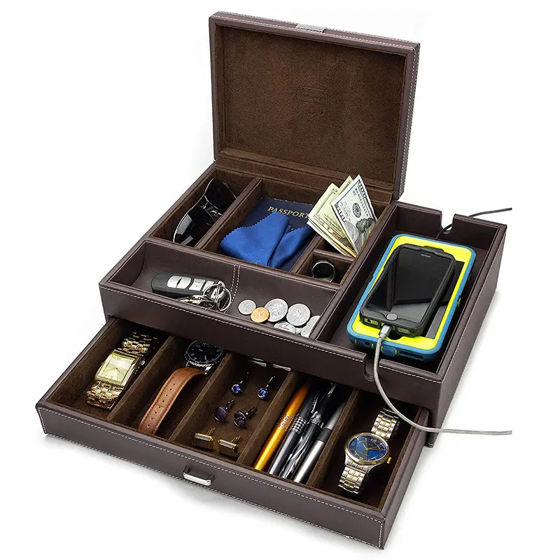 Valet Box & Mens Jewelry Box Organizer mit großer Smartphone-Ladestation