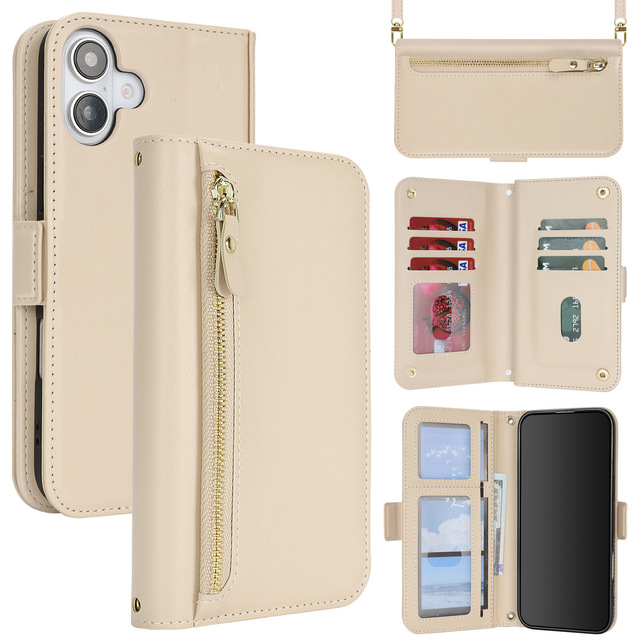 Women Fashion Flip Cover Wallet Leather Phone Case for iPhone 17 Pro Max 16Pro 15 14 Plus 13 12 11 With Zipper Kickstand