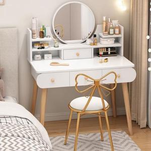 Tocador de <span class=keywords><strong>maquillaje</strong></span> grande, escritorio de madera <span class=keywords><strong>para</strong></span> <span class=keywords><strong>maquillaje</strong></span>, tocador de cristal <span class=keywords><strong>para</strong></span> niña, tocador de dormitorio <span class=keywords><strong>con</strong></span> luces, espejo y taburete de silla - Product Image 1