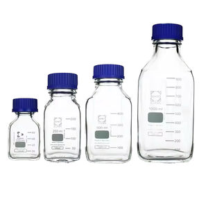HS HS020 Botella de Laboratorio Cuadrada Graduada de Vidrio Ámbar Transparente Autoclavable para Medios y Reactivos, 1000ml, con Tapa de Rosca Azul, Garantía de 3 Años - Product Image 1
