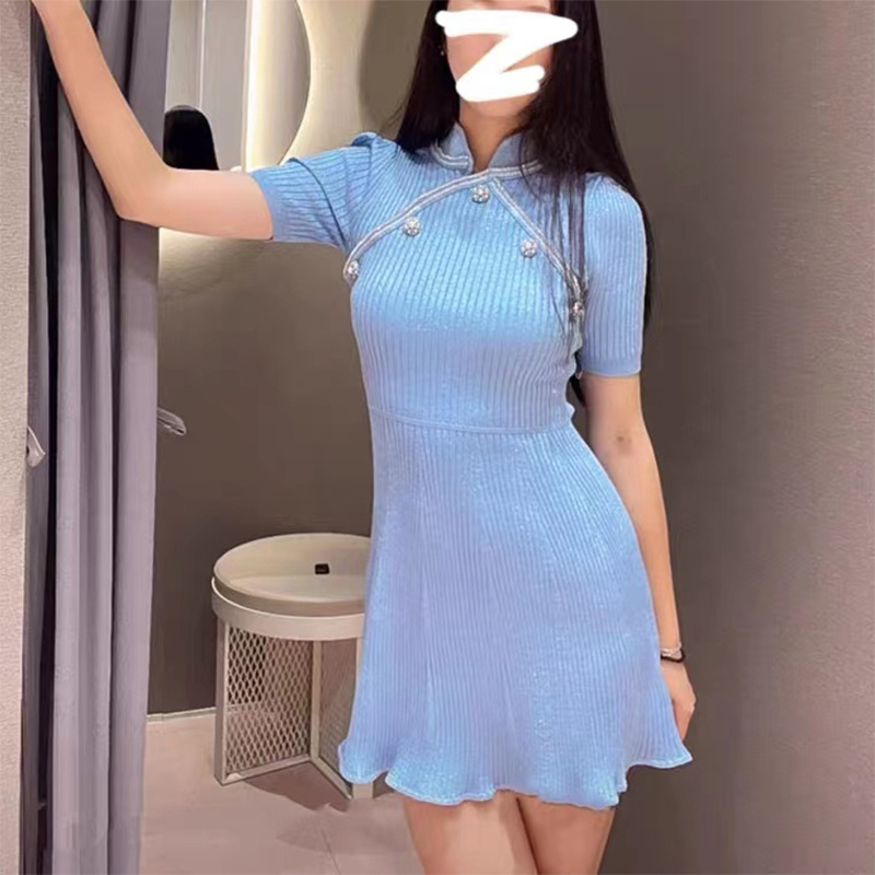 Empire Waist Turtleneck Light Blue Knit Dress For Women - Short Sleeve Sandro Dress