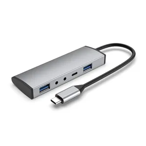 מכירה חמה 5 ב-1 עבור Macbook USB C מתאם סגסוגת אלומיניום C USB 3.0*2 USB C DATA העברת 7.1 ערוצים כרטיס קול רכזת כבלים עליונה