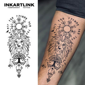 INKARTLINK Adesivo <span class=keywords><strong>Tatuaggio</strong></span> Leone Vichingo <span class=keywords><strong>Albero</strong></span> della Vita Bussola Norrena Vegvisir Bilancia della Giustizia Estetico Erboristico 15 Giorni Confezione Multipla - Product Image 1