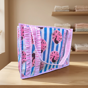 Sac fourre-tout d'été de plage en toile de coton bleu uni imprimé paon, style bohème, matelassé, design spacieux, fermeture éclair - Product Image 5