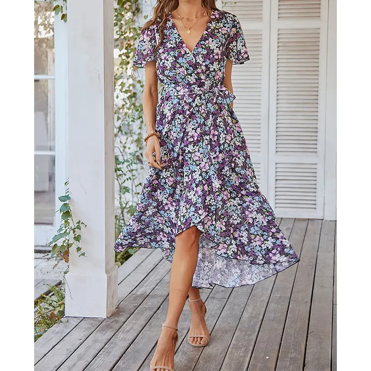 Custom OEM 2024 Latest Design Summer Top Sell Short Sleeve Midi Dress Women Elegant Casual Floral Maxi Print Clothing Dresses