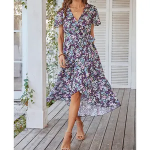 Custom OEM 2024 Latest Design Summer Top Sell Short Sleeve Midi Dress Women Elegant Casual Floral Maxi Print Clothing Dresses