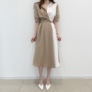 Vestido Camisero Color Block para Mujer - Vestido Midi con Cinturón y Manga Media, a la Moda - Product Image 1