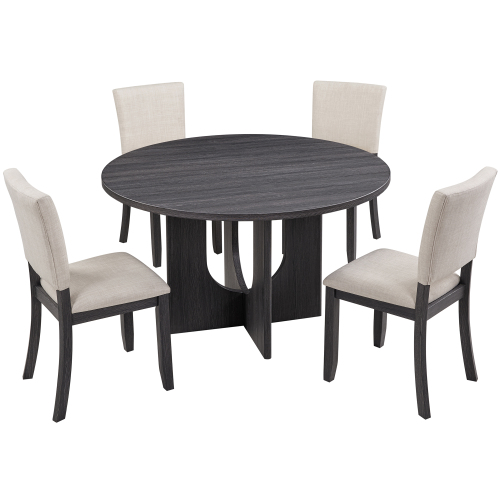 Antique Black + Beige + Round Dining Set with 4 Chairs