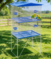 Grande volière à 2 niveaux en fil métallique, design toit de maison, structure métallique autoportante, plusieurs perchoirs et gamelles amovibles