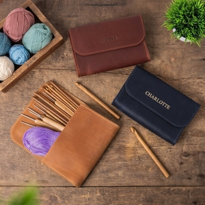 Porte-aiguilles et étui en cuir véritable et coton pour crochet, motif floral, organisateur de sac à crochet, étui et organisateur pour aiguilles à tricoter - Product Image 1