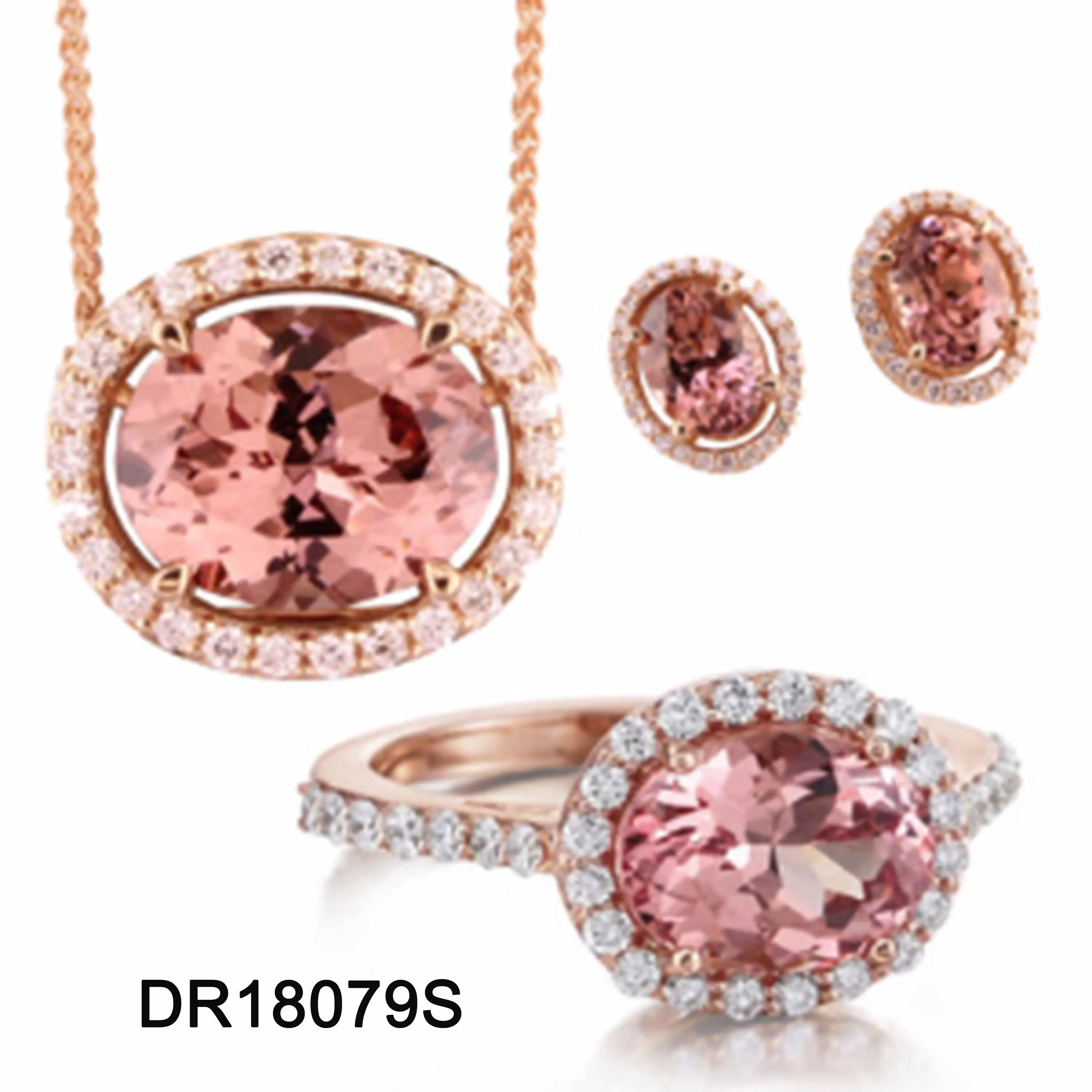 Beautiful 14k Rose Gold Plated Pink Morganite Diamond Halo Earrings Ring and Necklaces S925 Jewelry Set