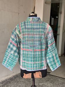 <b>Quilted</b> Tweed <b>Jacket</b> Mandarin Collar Plaid <b>Pattern</b> Full Sleeve Autumn Women's Coat Button Closure Regular Length - Product Image 3