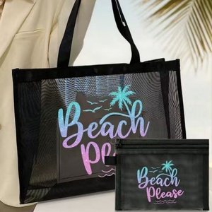 Grands sacs fourre-tout personnalisés avec sac à main de plage transparent de grande capacité sac à provisions en maille de nylon noir avec logo personnalisé pour les femmes - Product Image 1