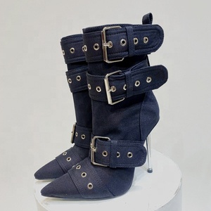 Trending Denim Belt Buckles Stiletto Women High Thin Heels Booties Fancy Retro Short Ankle Boots Punk Styles <b>Shoes</b> - Product Image 3