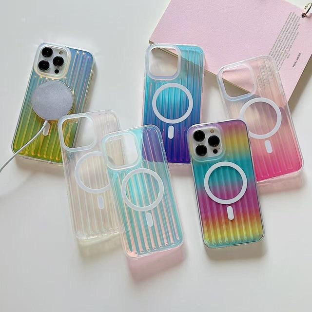 Rainbow Color IMD Gradient Aurora Laser Graphic Magnetic Wireless Charging Shockproof TPU+Acrylic Card Holder for Case