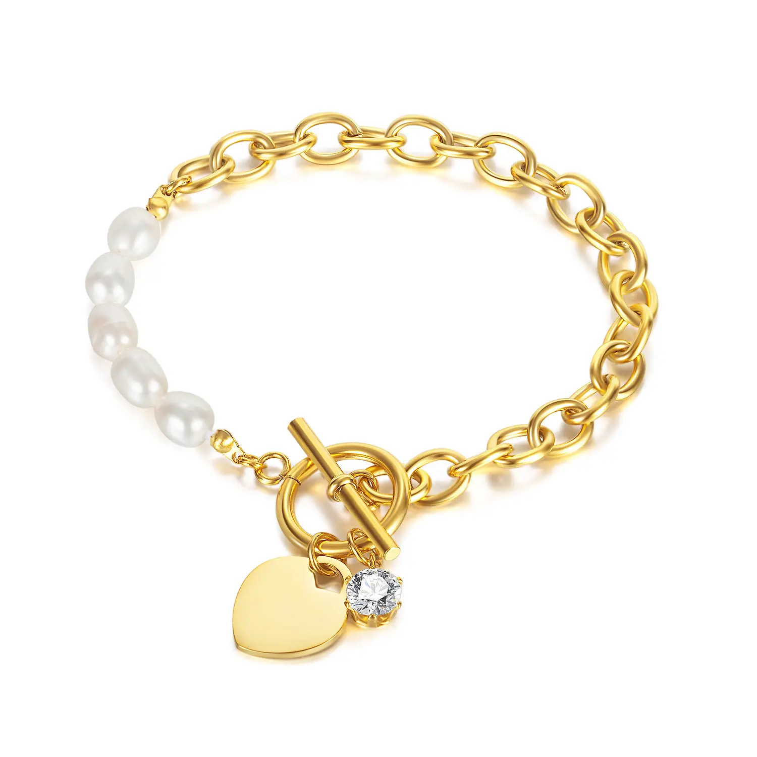 Fashion Freshwater Pearl Bracelet 18K Gold Plated Splicing Chain Stainless Steel Love Zircon OT Buckle Bracelet Women Jewelry