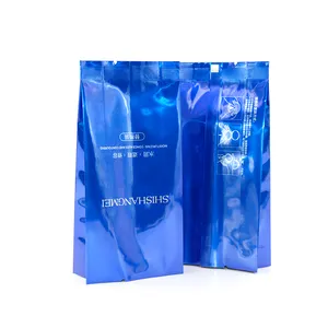 Bolsa de sellado central lateral trasero mate azul personalizada, bolsas de almohada de aluminio y plástico, bolsas OPP de refuerzo lateral de PET metalizado para cosméticos