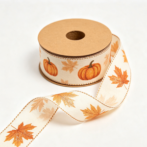 Ruban filé Grace 2 1/2 pouces, imprimé pailleté, résistant au rétrécissement, longueur personnalisée, motif feuilles de récolte et citrouille, en rouleau pour la décoration intérieure - Product Image 3