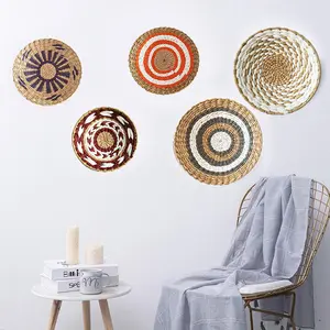 Cestas colgantes de pared hechas a mano, cestas redondas de hierba Natural, cesta tejida Bohemia para colgar en la pared, decoración artística para el hogar
