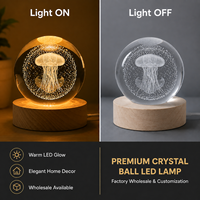 Lampe de table en cristal sculpté avec LED USB, méduse, lune, boule de cristal 3D, veilleuse avec base en bois