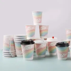 Customized Printed Disposable Double Wall 3D Flocking Paper Cups Hot Drink Paper Coffee Cup With Lid