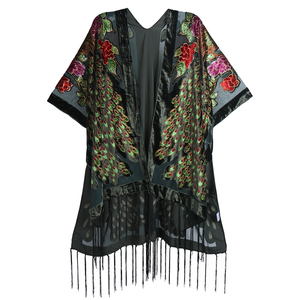 Kimono de terciopelo azul real, con flecos, tipo cubrecama, chaqueta Debore, kimono de terciopelo quemado, bohemio, bata Debore con flecos, hippie, <span class=keywords><strong>Haori</strong></span> - Product Image 6