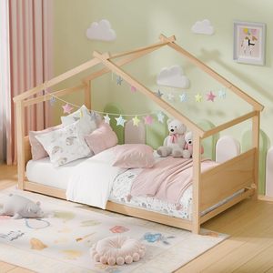 Cama Montessori Doble Tipo Casa con Cabecero y Piecero <span class=keywords><strong>de</strong></span> Madera Maciza <span class=keywords><strong>para</strong></span> Niños Pequeños y Adolescentes, Dormitorio Shandong Natural - Product Image 1