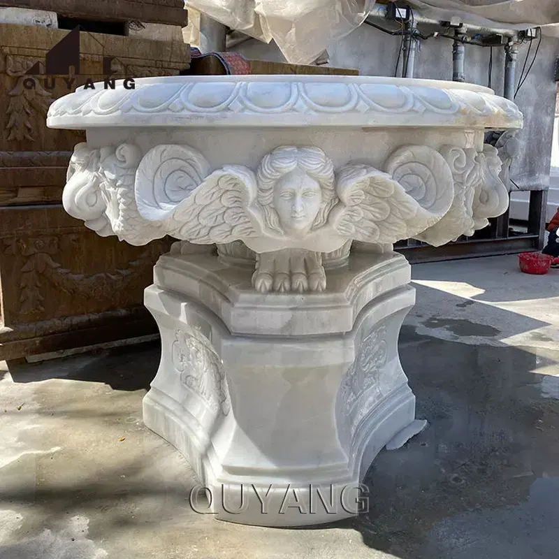 QUYANG Outdoor Garden Decoration Carved Relief Natural Stone Flower Pot Large White Marble Flowerpots