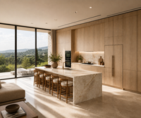 Gabinetes de Cocina Modernos con Aspecto de Madera KEJIA, con Isla Central, Gabinetes de Pared, Gabinetes Bajos y Almacenamiento Alto para Cocinas Residenciales