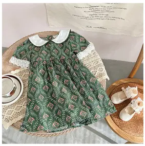 Ins celebrity design kids summer retro lapel short-sleeved lace leaf ball dress toddler baby girl birthday pageant photo dresses