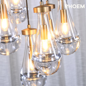 Lampadario Rotondo RHOEM RH con Gocce di Vetro Soffiato a Mano, Copertura in Ottone Massiccio, Certificato UL 110V - Product Image 5