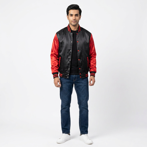 Veste universitaire en satin de polyester rouge vierge de qualité supérieure, à manches longues, avec logo personnalisé, col montant, personnalisable sur le devant - Product Image 1