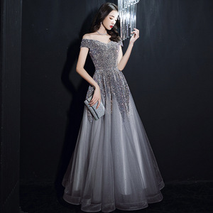 Off-Shoulder Sparkle A-Line Evening Gown Empire Waist Silver Gray Long Dress For Banquets And Annual Meetings - Product Image 3