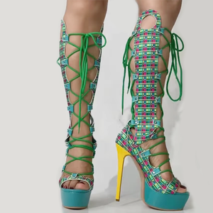 <span class=keywords><strong>Botas</strong></span> Altas de <span class=keywords><strong>Plataforma</strong></span> con Estampado a Cuadros y Punta Abierta para Verano, Sandalias con <span class=keywords><strong>Cordones</strong></span> para Mujer, Tallas Grandes 47, Zapatos de Tacón Alto, Botines Largos con Recortes - Product Image 4