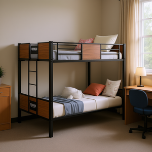 Lit superposé en acier de style moderne, double sur double, avec barrière de sécurité et échelle intégrée, pour chambre à coucher ou dortoir - Product Image 2