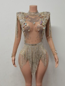 Mono corto transparente con borlas para mujer, mono Sexy con borlas para actuaciones en escenario, leotardo para fiesta y Club nocturno, monos con diamantes de imitación - Product Image 5