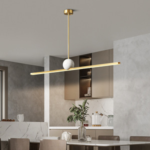 Lustre de salle à manger de luxe italien moderne et minimaliste, luminaire suspendu tout en cuivre, bande lumineuse, table en marbre, bar central - Product Image 6